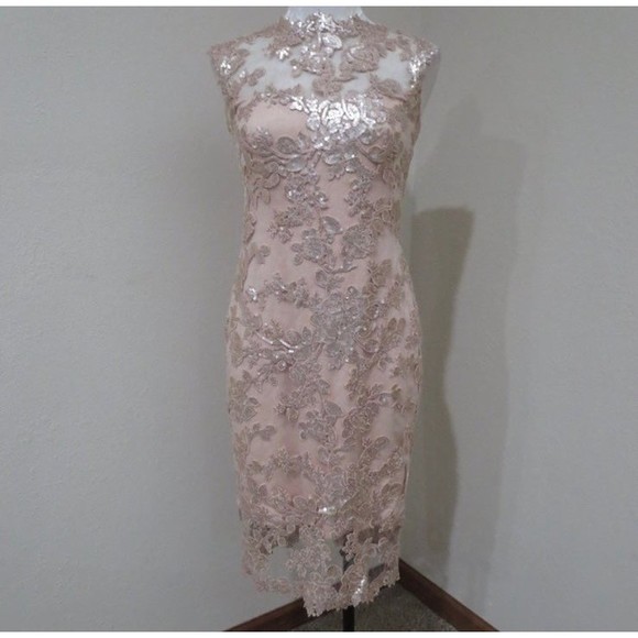 Rose Gold sequin bead embroidery Tadashi Shoji couture•Formal Cocktail Dress 4P - Picture 1 of 12